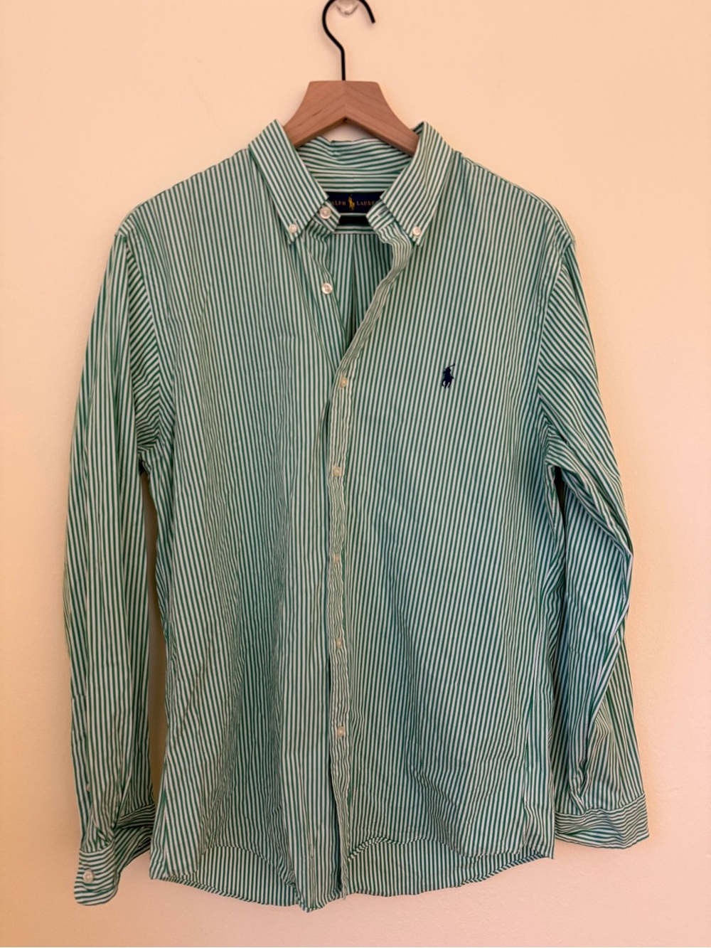 Ralph Lauren Green and White Striped Button-Down Shirt